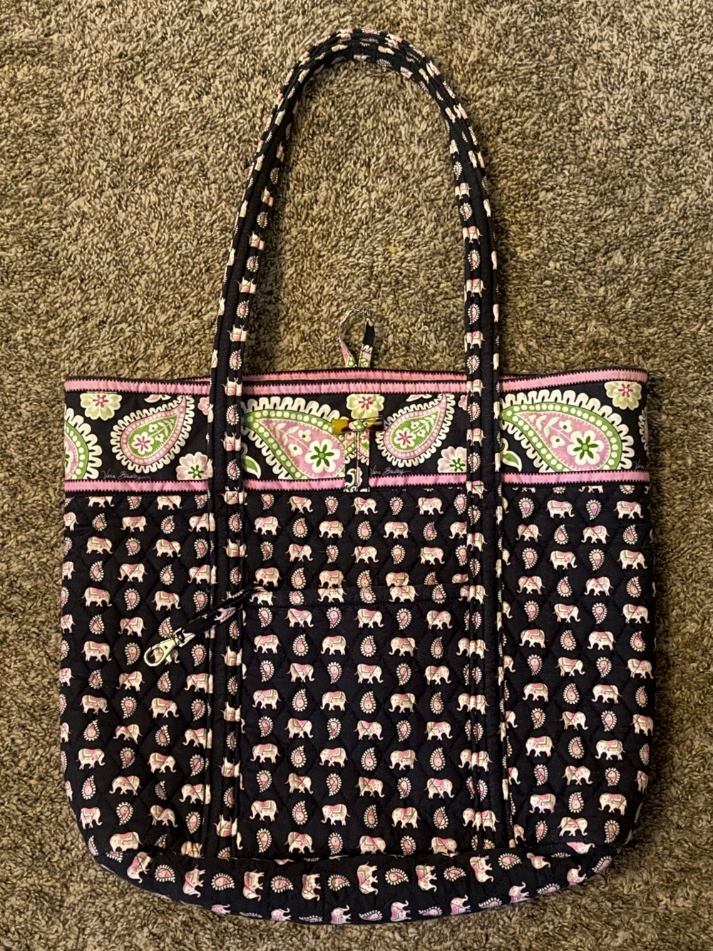 Vera Bradley Black Tote with Pink & Green Paisley and Pink Elephant Motif